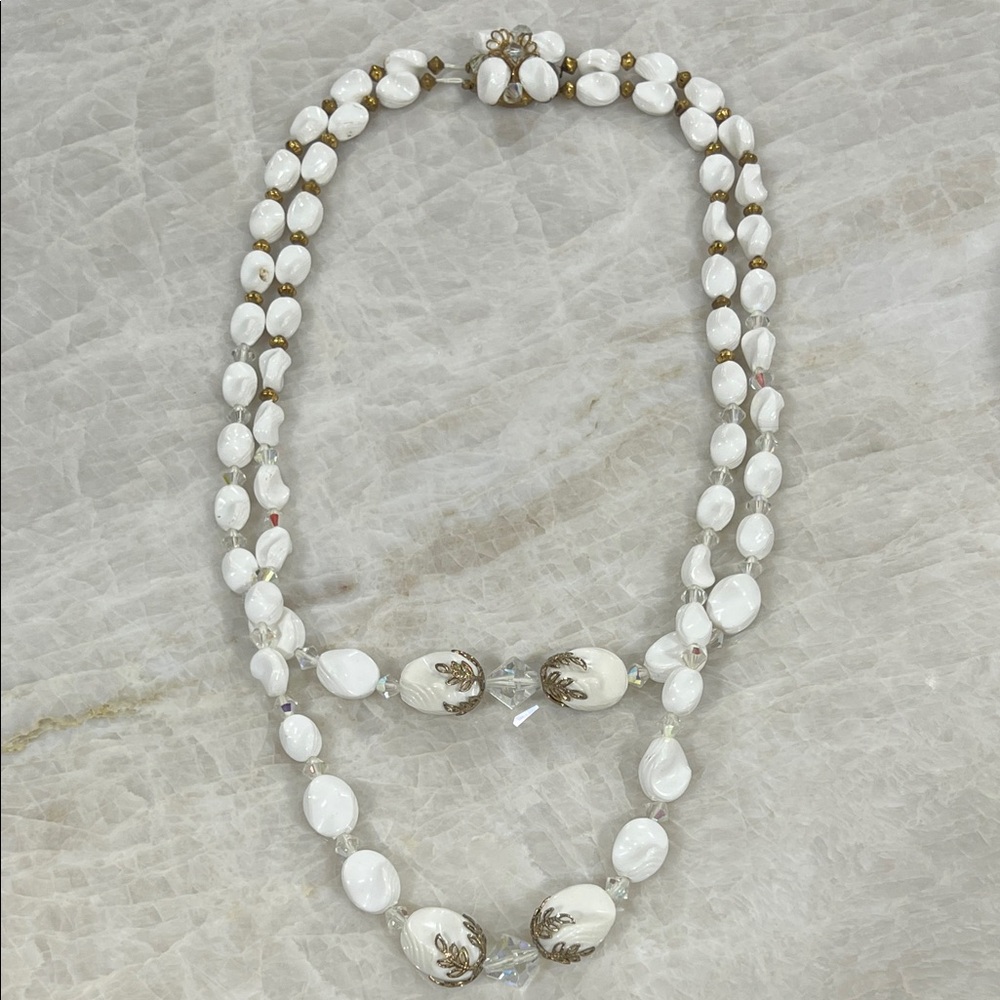 Vintage Necklace- Double Strand Milk Glass and Crystal Beads